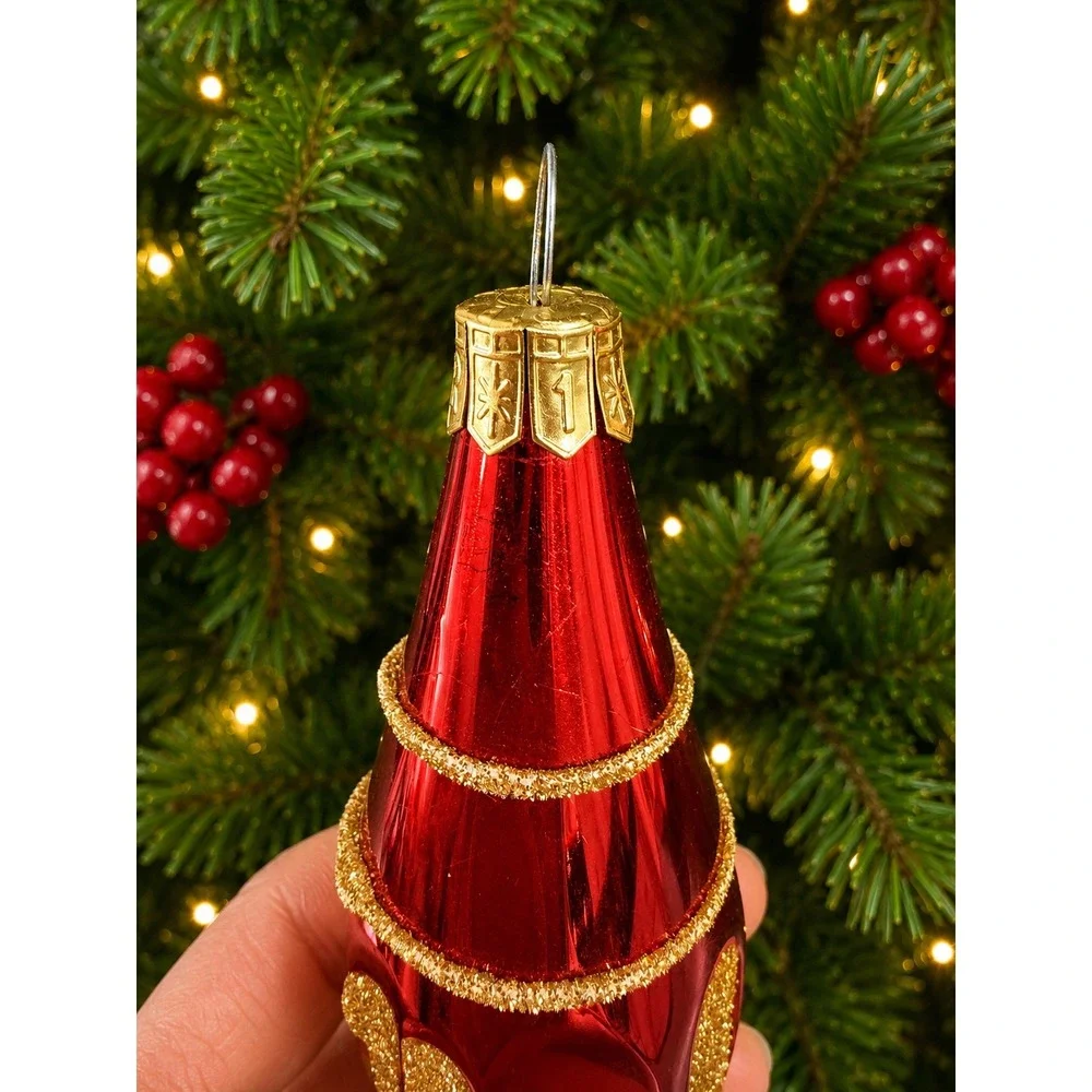 Pier 1 Imports Red Gold Glitter Swirl Glass Drop Christmas Ornaments Set of 2